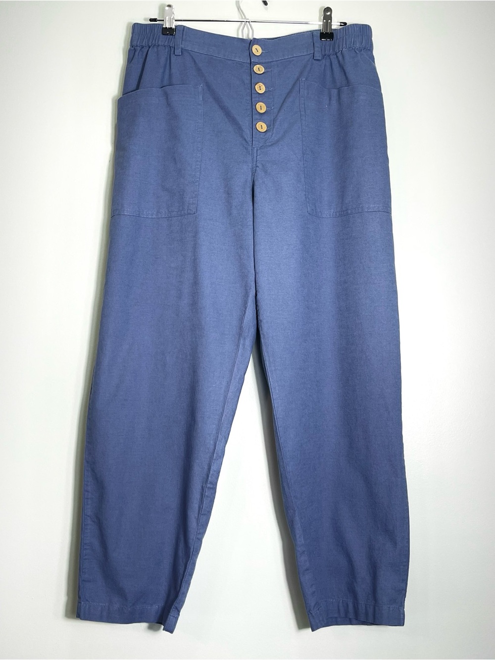 LINTICO Women's Blue Linen Cotton Pants Patch Pockets Button Fly Size X-Large
